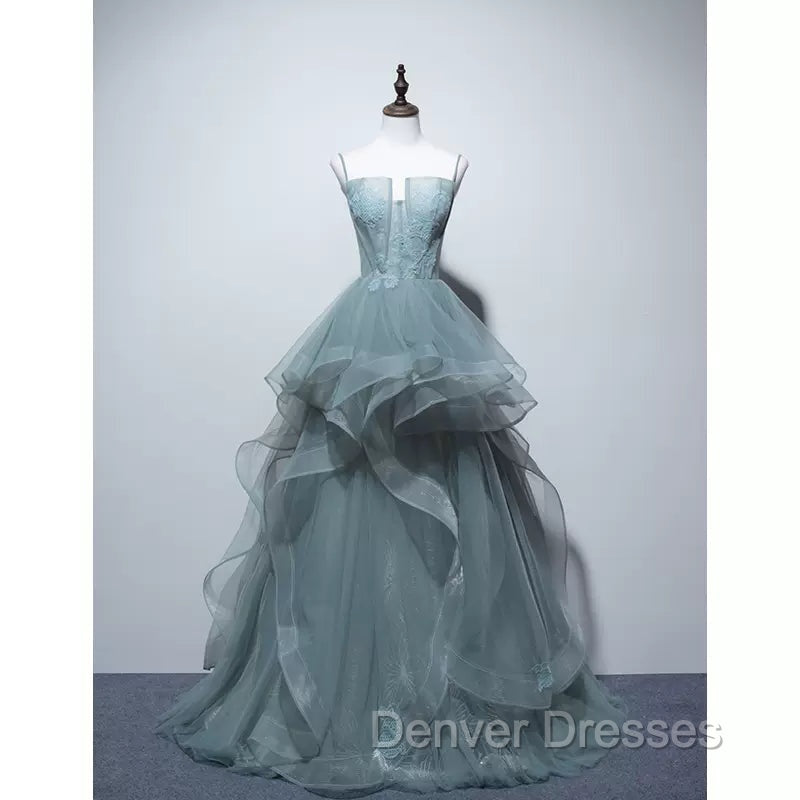 Charming Green Tulle Straps Layers Long Formal Dress, Tulle Party Dress Prom Dress Main image