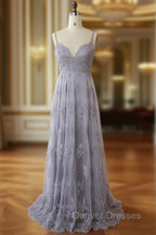 Charming Grey Lace Evening Party Dress , High Quality Formal Gown
