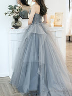 Charming Grey Tulle Long Sweet 16 Gown With Flowers, Grey Formal Dress Party Dress
