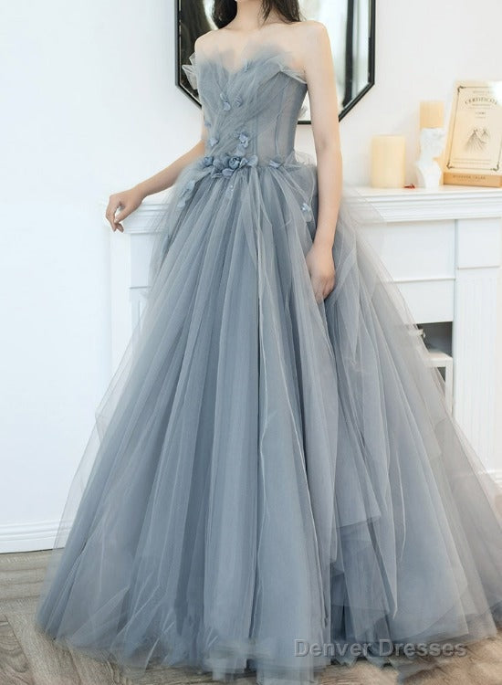 Charming Grey Tulle Long Sweet 16 Gown With Flowers, Grey Formal Dress Party Dress Main image