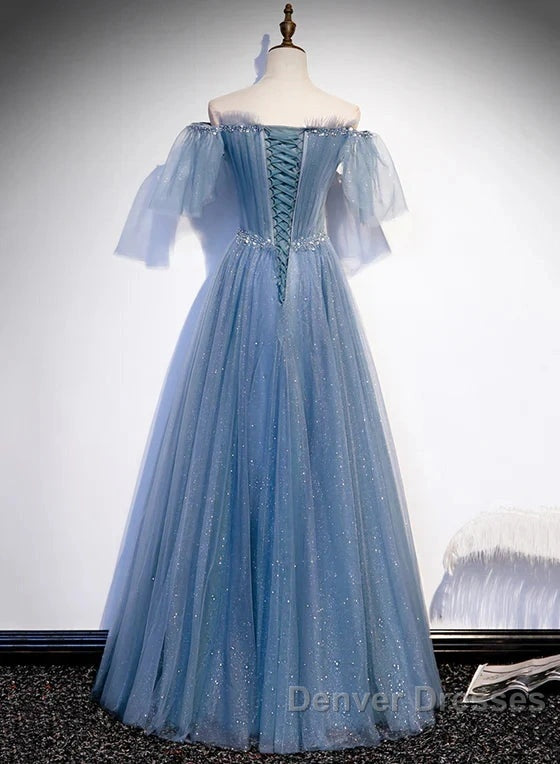 Charming Light Blue Tulle Puffy Sleeves Floor Length Party Dress A-Line Pricess Gowns Prom Dress Sparkly