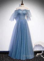 Charming Light Blue Tulle Puffy Sleeves Floor Length Party Dress A-Line Pricess Gowns Prom Dress Sparkly