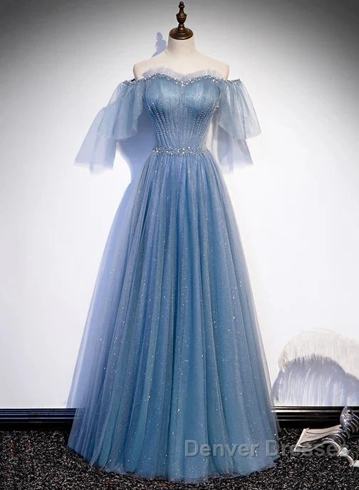 Charming Light Blue Tulle Puffy Sleeves Floor Length Party Dress A-Line Pricess Gowns Prom Dress Sparkly