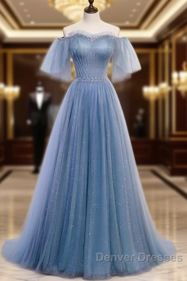 Charming Light Blue Tulle Puffy Sleeves Floor Length Party Dress A-Line Pricess Gowns Prom Dress Sparkly Main image