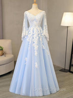 Charming Light Blue Tulle V-neckline Long Party Dress, Prom Dress