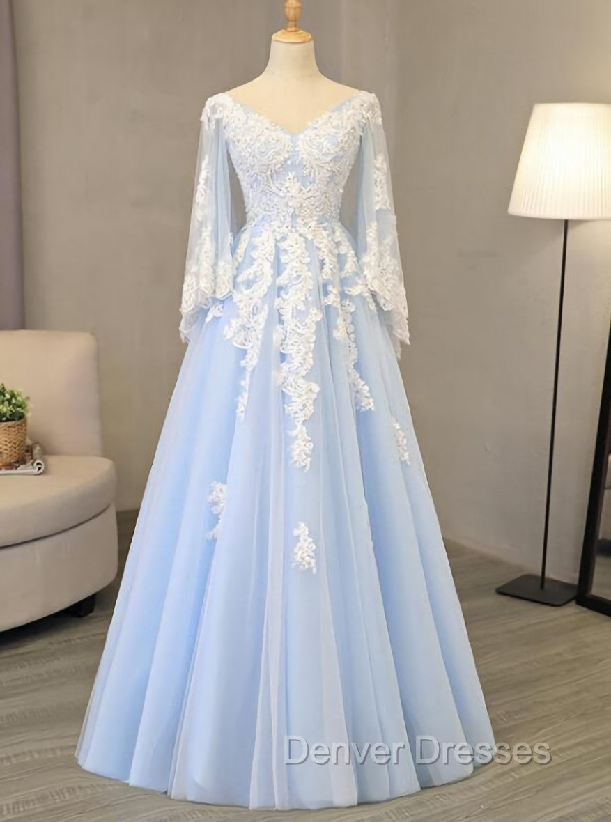 Charming Light Blue Tulle V-neckline Long Party Dress, Prom Dress