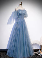 Charming Light Blue Tulle Puffy Sleeves Floor Length Party Dress, Blue A-Line Pricess Gowns Prom Dress