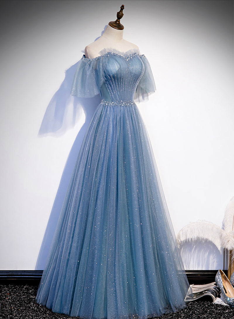Charming Light Blue Tulle Puffy Sleeves Floor Length Party Dress, Blue A-Line Pricess Gowns Prom Dress