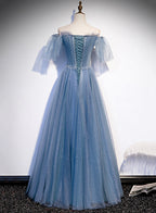 Charming Light Blue Tulle Puffy Sleeves Floor Length Party Dress, Blue A-Line Pricess Gowns Prom Dress