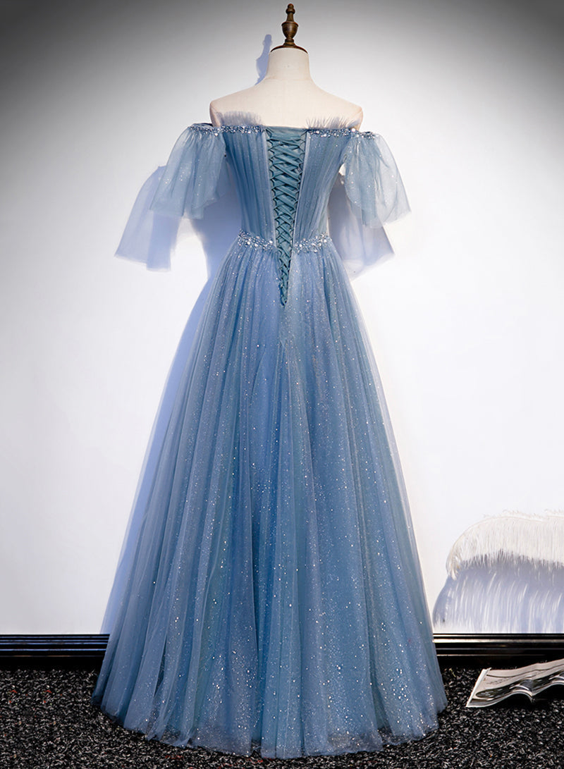 Charming Light Blue Tulle Puffy Sleeves Floor Length Party Dress, Blue A-Line Pricess Gowns Prom Dress