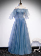 Charming Light Blue Tulle Puffy Sleeves Floor Length Party Dress, Blue A-Line Pricess Gowns Prom Dress