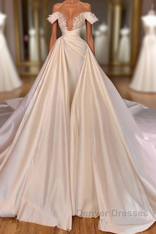 Charming Long A-line Off-the-shoulder Cathedral V-neck Satin Lace Wedding Dress Main image