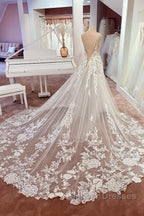Charming Long A-Line Spaghetti Straps Appliques Lace Tulle Backless Wedding Dress