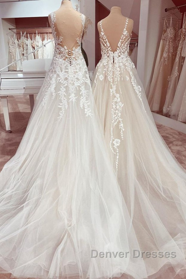 Charming Long A-Line V-neck Appliques Lace Tulle Wedding Dress Secondary image