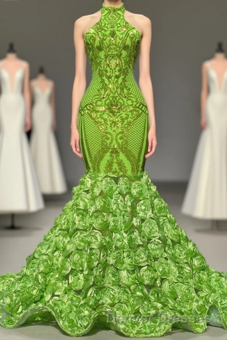 Charming Long Mermaid Halter Satin Lace Backless Prom Dress