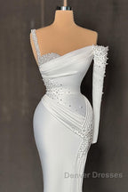 Charming Long Satin One-Shoulder Mermaid Evening Prom Dress With Beading