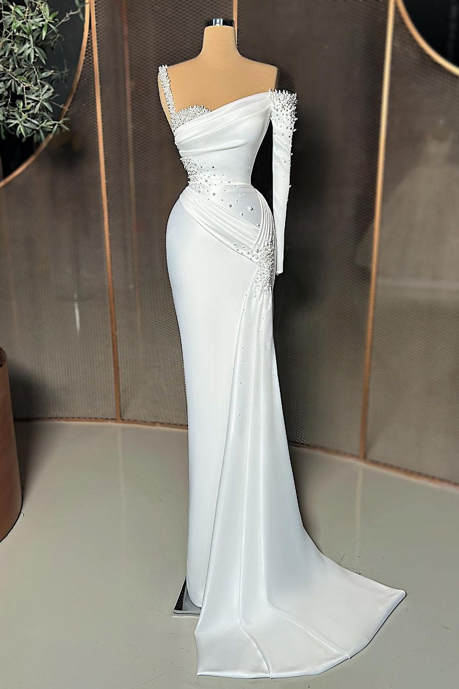 Charming Long Satin One-Shoulder Mermaid Evening Prom Dresses With Beading