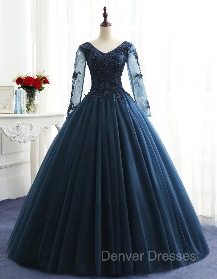 Charming Long Sleeves Navy Blue Tulle Party Gown, Navy Blue Prom Dress Secondary image