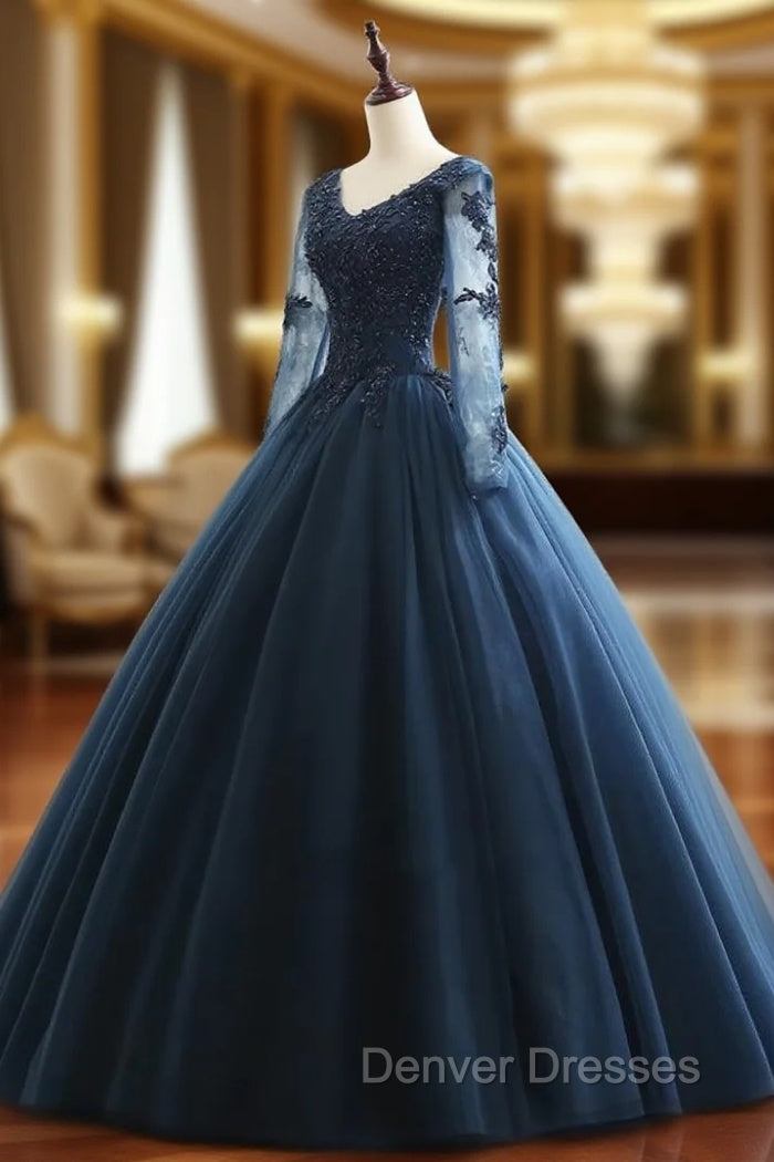 Charming Long Sleeves Navy Blue Tulle Party Gown, Navy Blue Prom Dress Main image