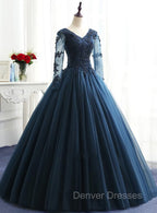 Charming Long Sleeves Navy Blue Tulle Party Gown, Navy Blue Prom Dress