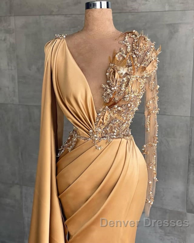 Charming Long Sleeves V-Neck Mermaid Long Evening Dress With Side Train