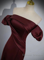 Charming Maroon Satin Mermaid Off Shoulder Prom Dress, Maroon Party Dress