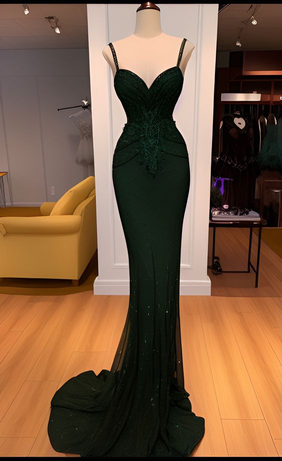 Charming Mermaid Spaghetti Straps Lace Dark Green Prom Dress Long Prom Dress Main image