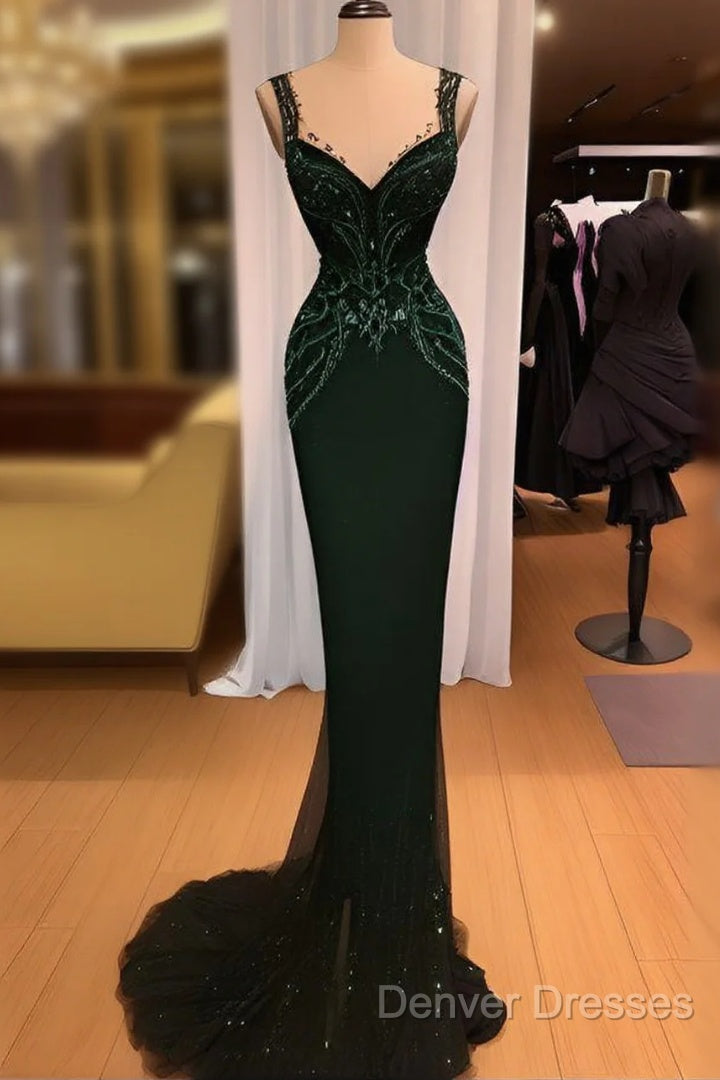 Charming Mermaid Straps Dark Green Sequin Prom Dress Long Prom Dress