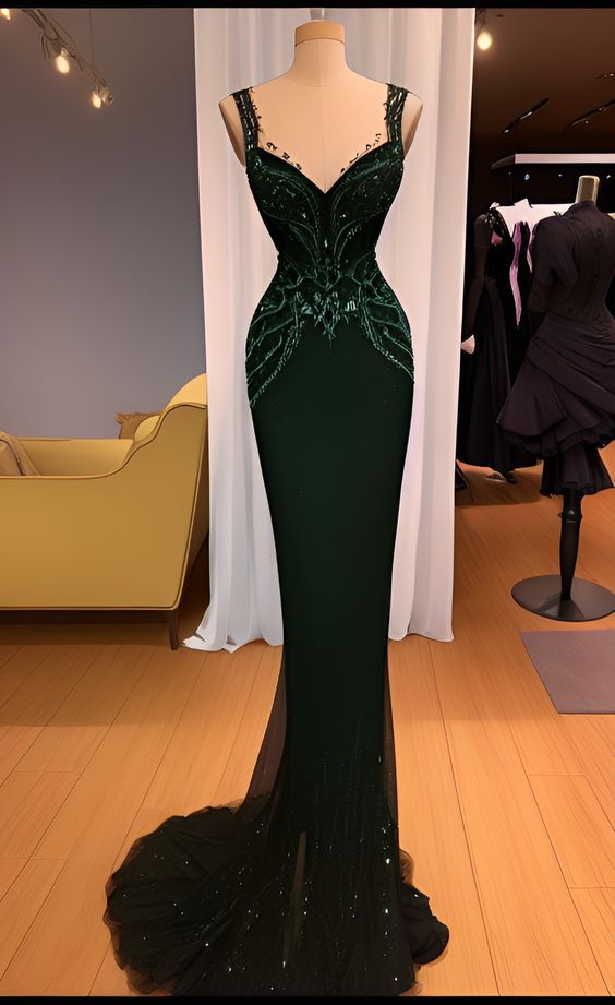 Charming Mermaid Straps Dark Green Sequin Prom Dress Long Prom Dress Main image