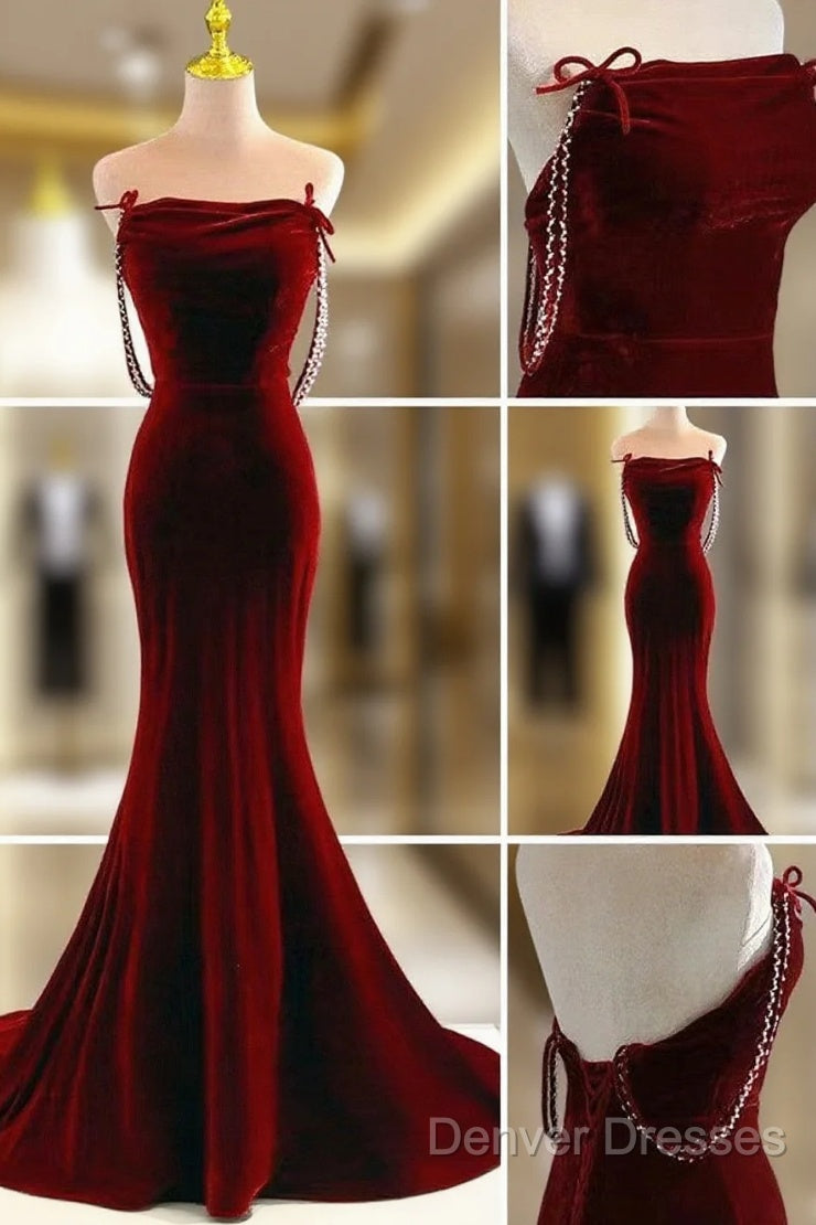 Charming Mermaid Wine Red Long Velvet Evening Dress, Wine Red Long Party Dress