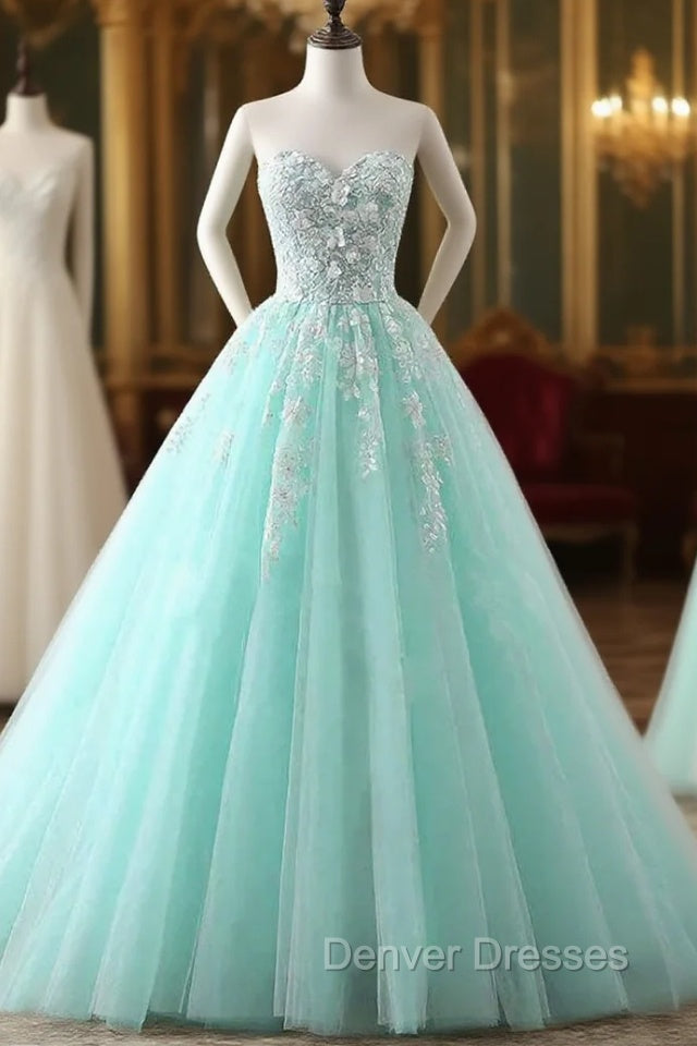 Charming Mint Green Tulle Ball Gown Sweet 16 Dress, Lace Applique Prom Dress Secondary image