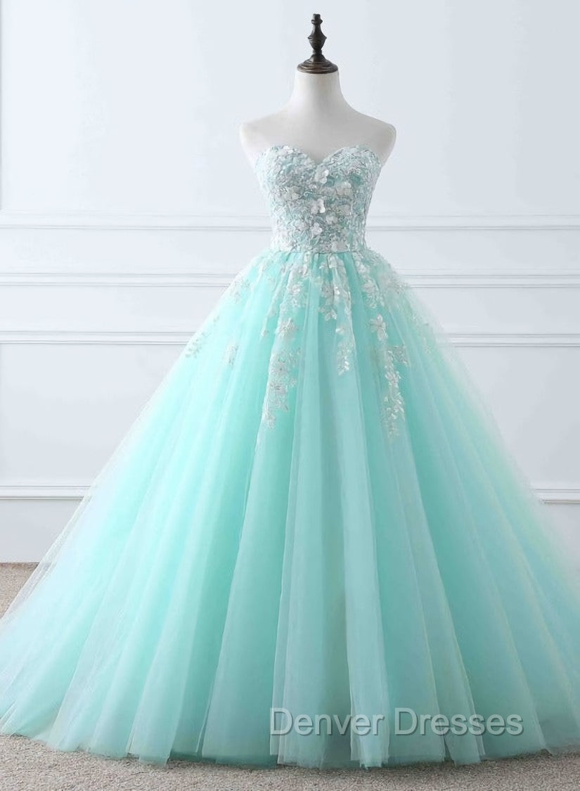 Charming Mint Green Tulle Ball Gown Sweet 16 Dress, Lace Applique Prom Dress