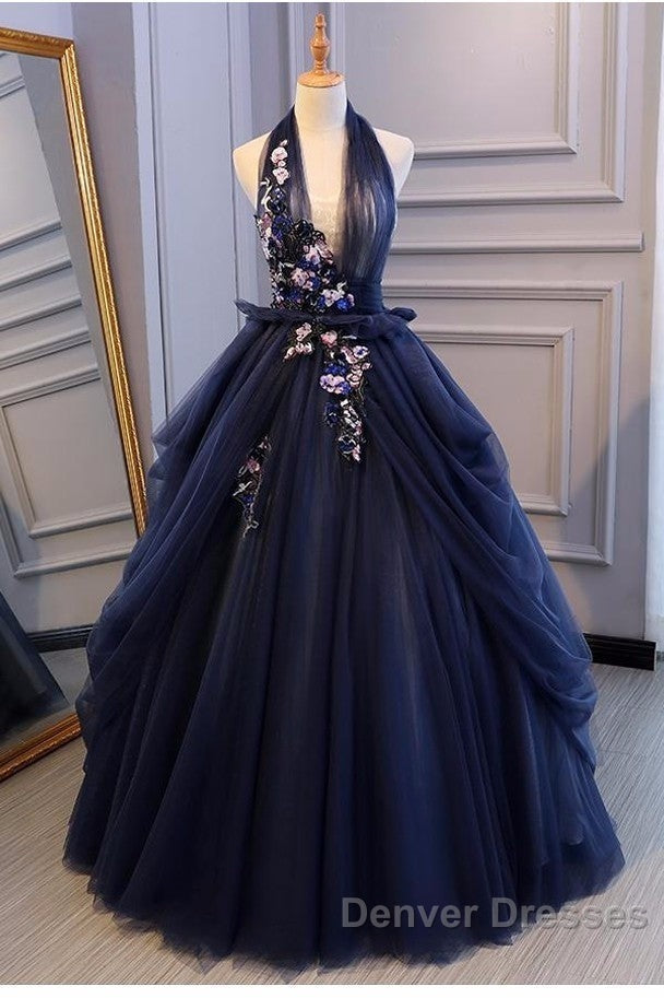 Charming Navy Blue Halter Tulle Party Dress With Flower Applique, Blue Gown Secondary image