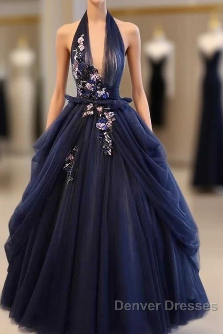 Charming Navy Blue Halter Tulle Party Dress With Flower Applique, Blue Gown Main image