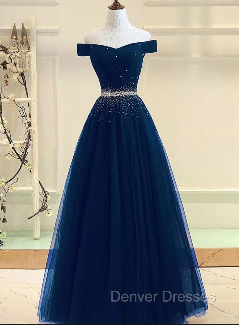 Charming Navy Blue Off Shoulder Floor Length Beaded Party Dress, Party Dress