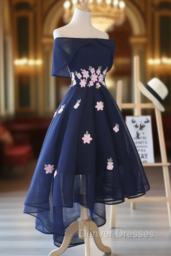 Charming Navy Blue Tulle Party Dress with Flowers, Cute Prom Dress