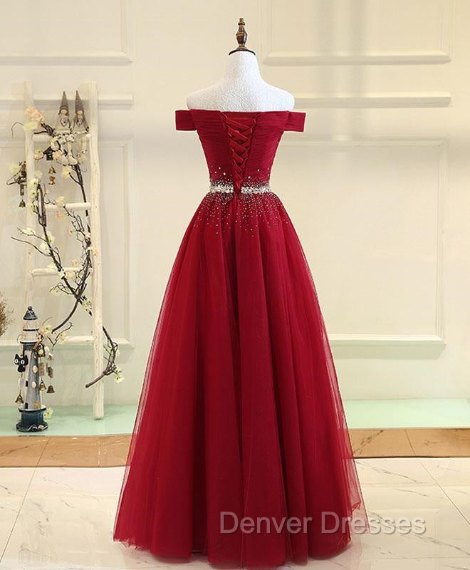 Charming Off Shoulder Tulle Beaded Prom Gown, Wine Red Long Junior Prom Dress Secondary image