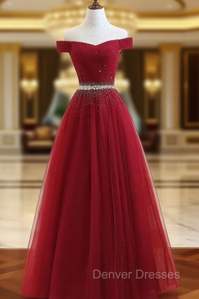 Charming Off Shoulder Tulle Beaded Prom Gown, Wine Red Long Junior Prom Dress Main image