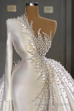Charming One Shoulder Satin Mermaid Bridal Gowns Pearls Beading Party Gowns