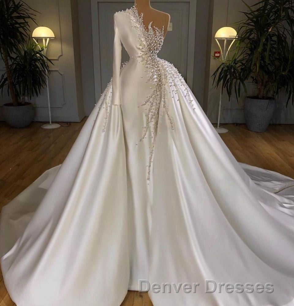 Charming One Shoulder Satin Mermaid Bridal Gowns Pearls Beading Party Gowns