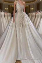 Charming One Shoulder Satin Mermaid Bridal Gowns Pearls Beading Party Gowns