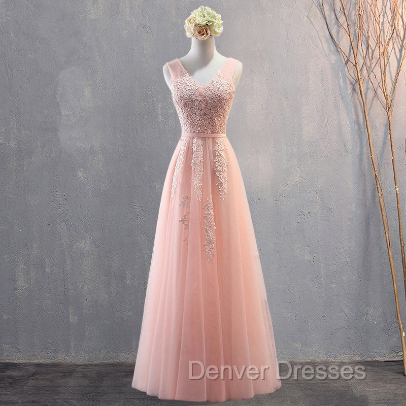 Charming Pearl Pink Tulle Simple Party Dress with Lace, V-neckline Long Formal Dress