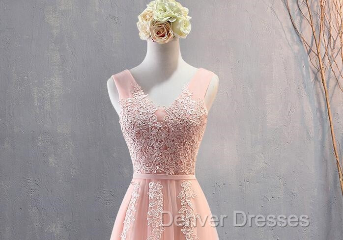 Charming Pearl Pink Tulle Simple Party Dress with Lace, V-neckline Long Formal Dress