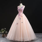 Charming Pink Flowers Ball Gown Long Sweet 16 Dress, Pink Prom Dress