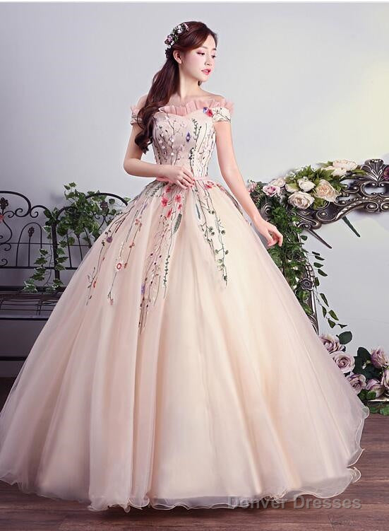 Charming Pink Off Shoulder Ball Gown Formal Dress, Lace Applique Party Dress Main image