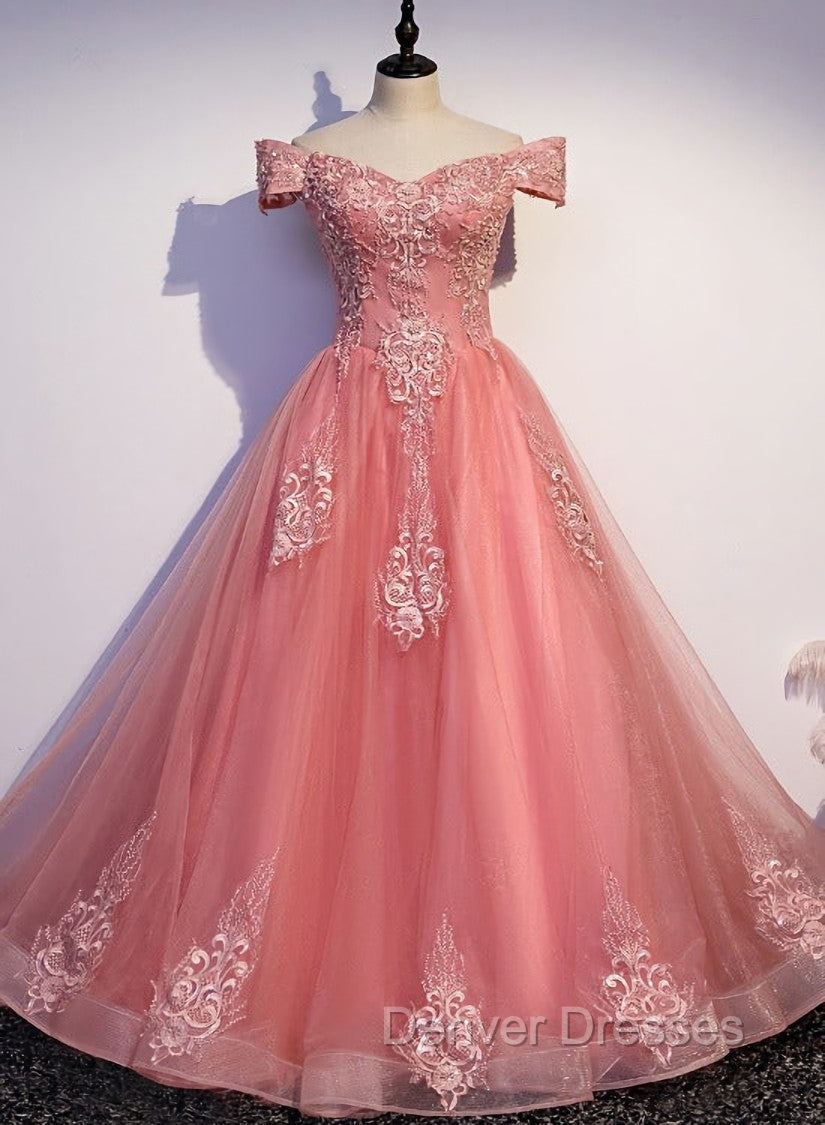 Charming Pink Off Shoulder Lace Applique Sweetheart Party Dress, Pink Prom Dress Main image