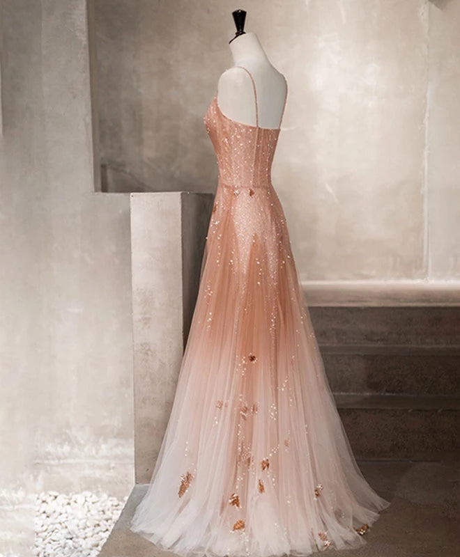 Charming Pink Tulle Straps Long Beaded Evening Gown, Straps Long Party Dress Secondary image