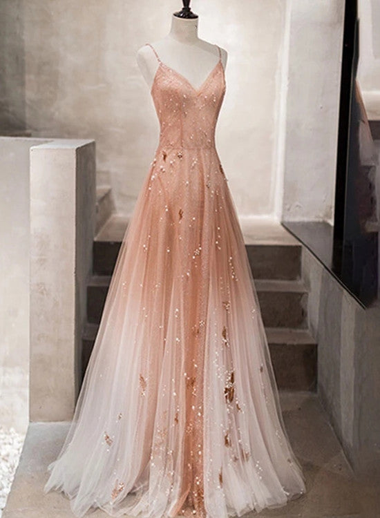 Charming Pink Tulle Straps Long Beaded Evening Gown, Straps Long Party Dress Main image