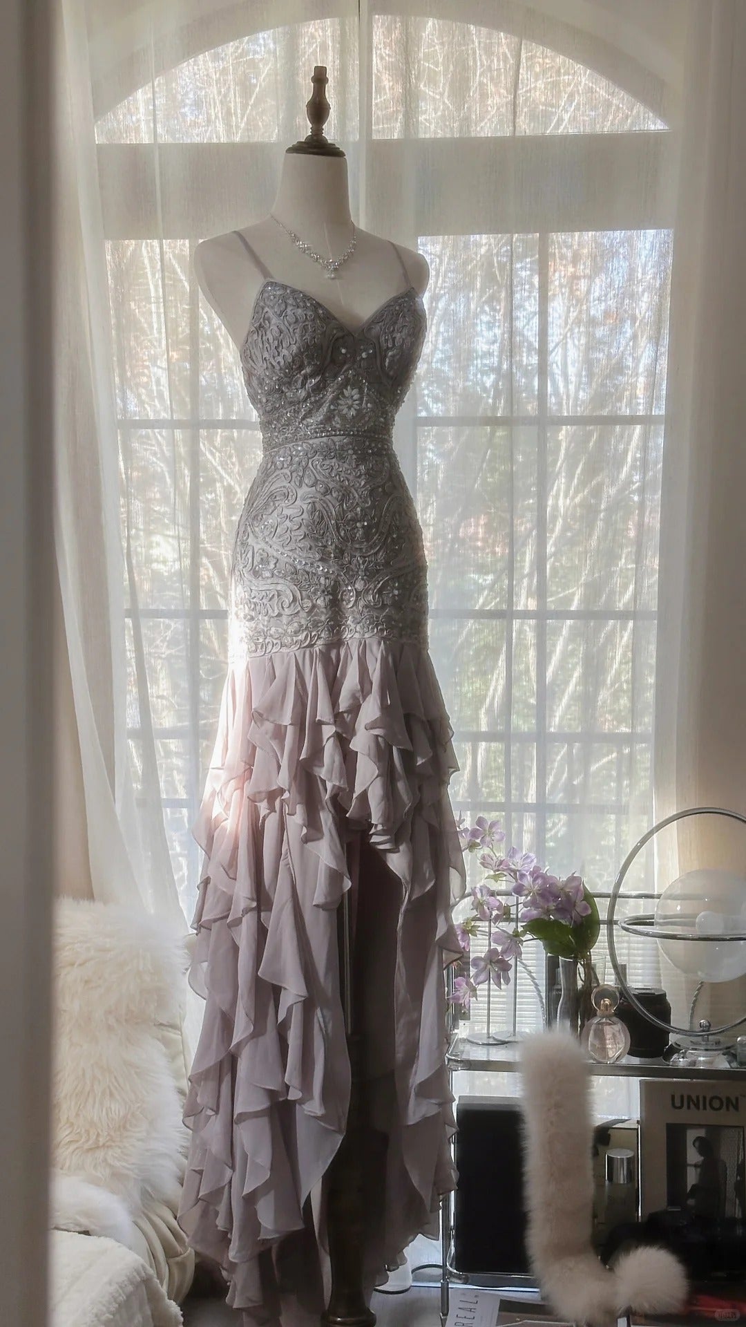 Charming Purple Beaded Short Front And Long Back Ruffled Chiffon Skirt Prom Dress