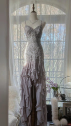 Charming Purple Beaded Short Front And Long Back Ruffled Chiffon Skirt Prom Dress